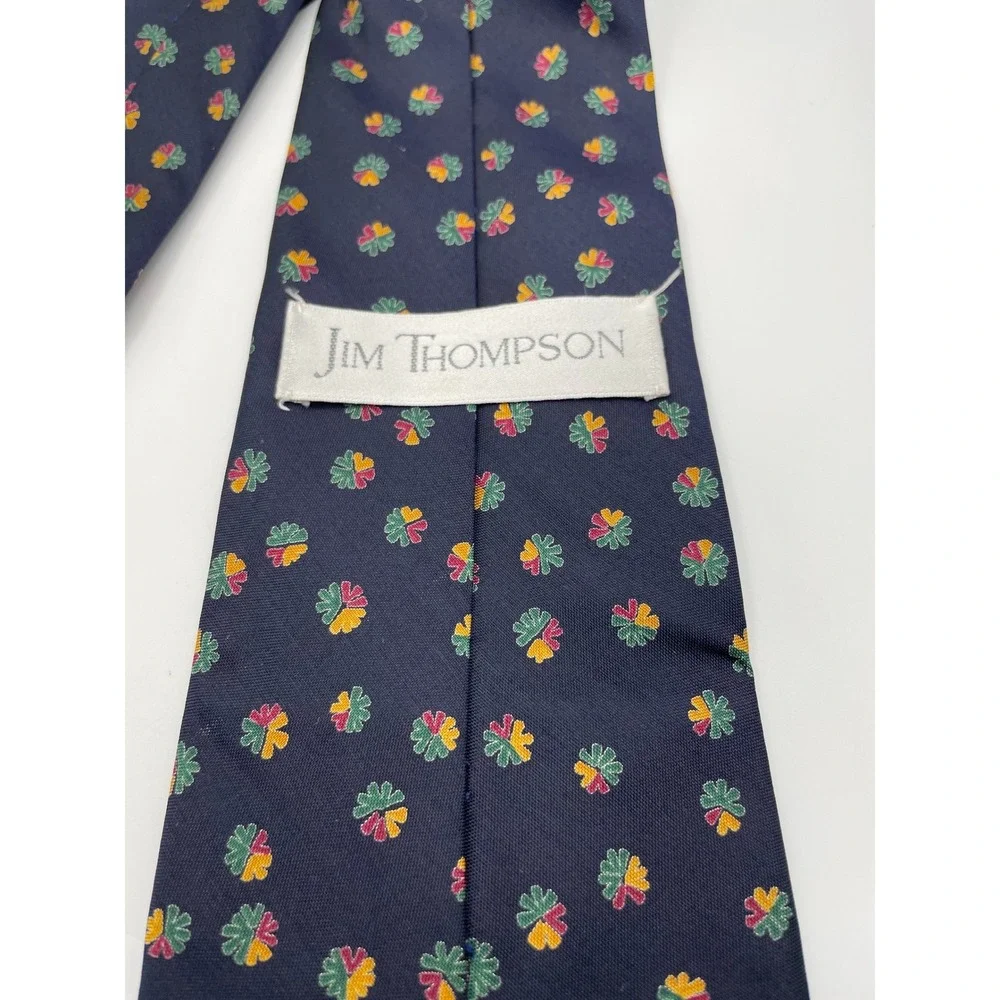 Jim Thompson Mens Navy Blue 100% Thai Silk Geometric Floral Print Necktie Tie